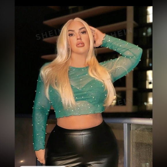 SHEIN SXY Plus Pearls Beaded Rhinestone Detail Top - Picture 1 of 4